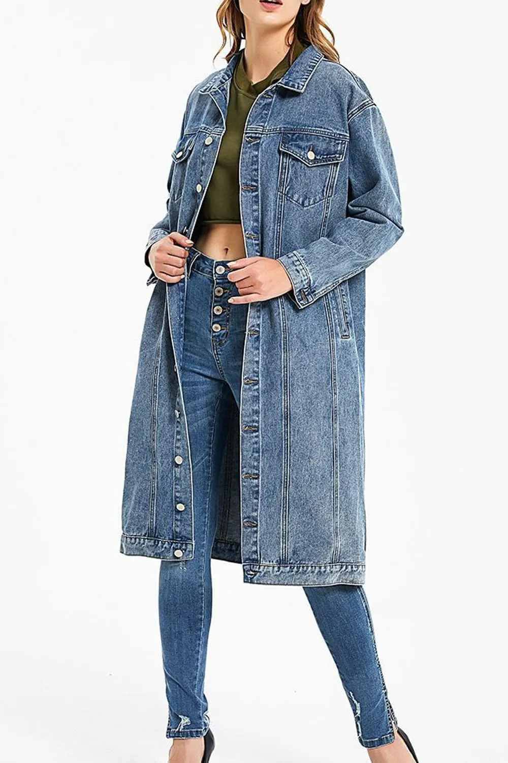 yoeasy Women's Casual Loose Oversized Long Sleeve Denim Jacket Button Down Midi Long Jean Jacket Trench Coat