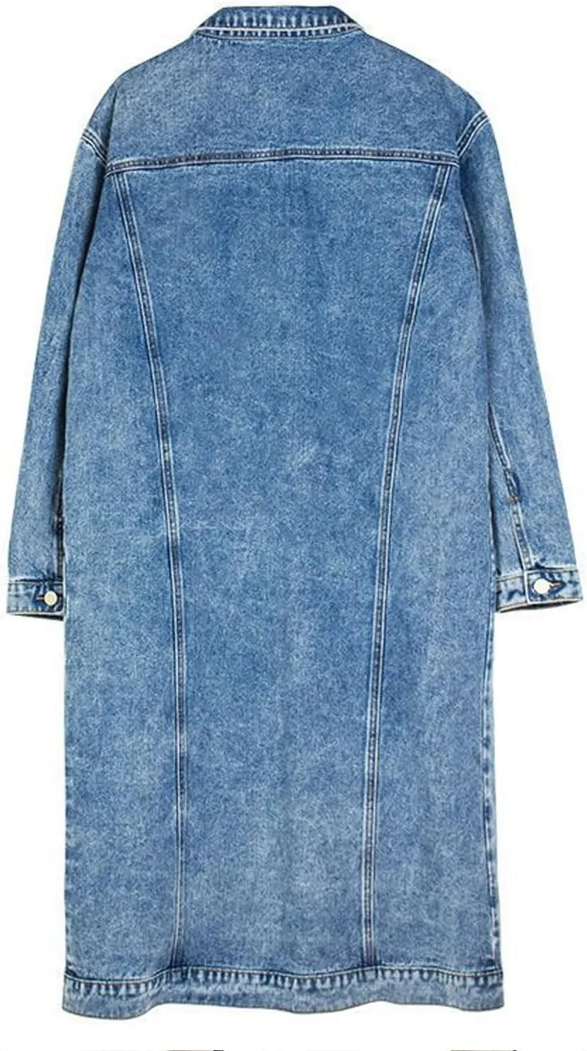 yoeasy Women's Casual Loose Oversized Long Sleeve Denim Jacket Button Down Midi Long Jean Jacket Trench Coat