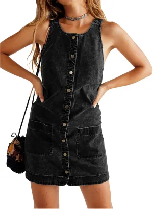 Yousify Womens Casual Sleeveless Denim Overalls Dresses Button Down Summer Jean Mini Dress 2025 Trendy Romper With Pockets