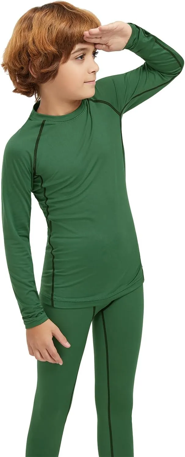 Youth Boys Thermal Underwear Set Compression Fleece Lined Leggings with Athletic Shirts Base Layer