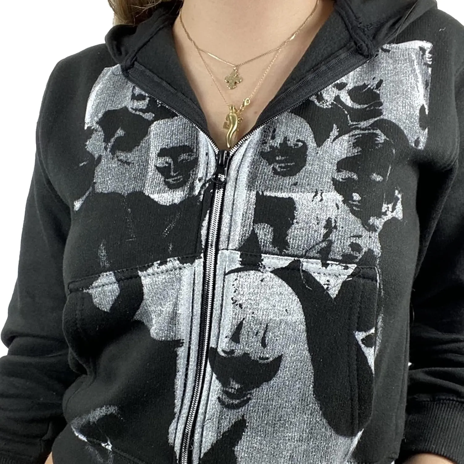 Yuemengxuan Women's Vintage Graphic Print Oversized Hoodies Zip Up Long Sleeve Sweatshirt Y2K Hip-pop Pullover Jackets