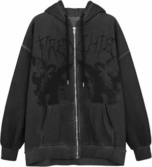 Yuemengxuan Women's Vintage Graphic Print Oversized Hoodies Zip Up Long Sleeve Sweatshirt Y2K Hip-pop Pullover Jackets