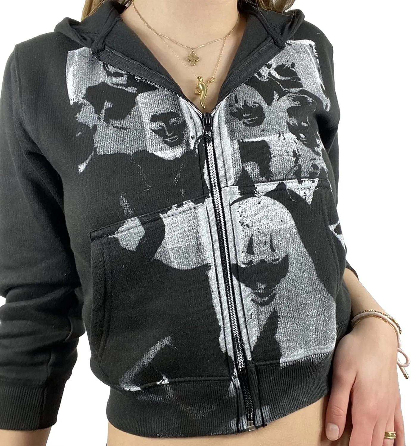 Yuemengxuan Women's Vintage Graphic Print Oversized Hoodies Zip Up Long Sleeve Sweatshirt Y2K Hip-pop Pullover Jackets