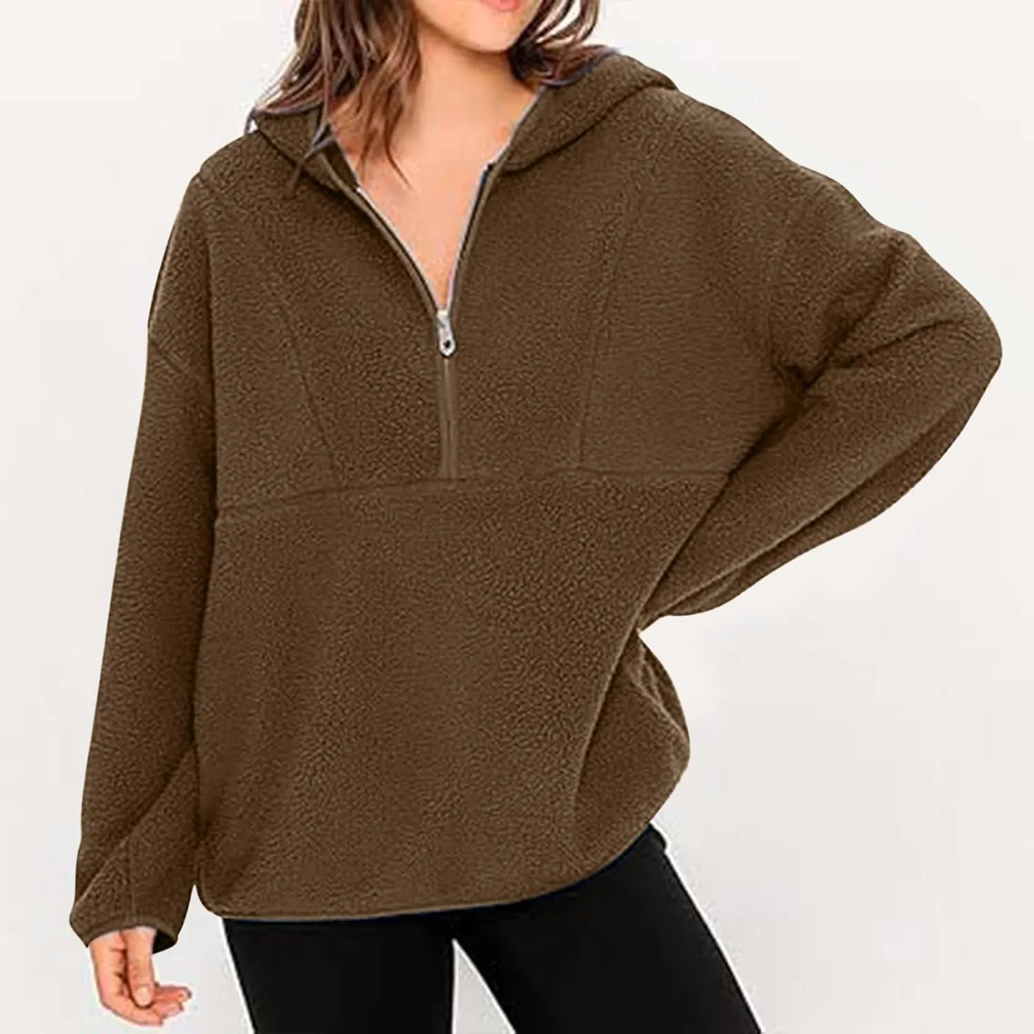 ZWRXW Women's Oversized Sherpa Hoodies Half Zip Fuzzy Fleece Sweatshirts Casual Solid Pullover Tops Fall Outfits with Pocket