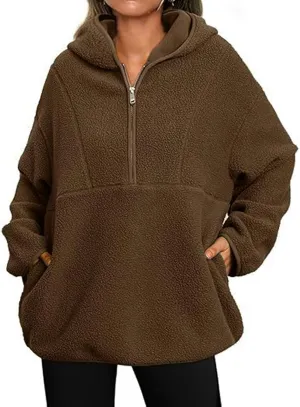 ZWRXW Women's Oversized Sherpa Hoodies Half Zip Fuzzy Fleece Sweatshirts Casual Solid Pullover Tops Fall Outfits with Pocket